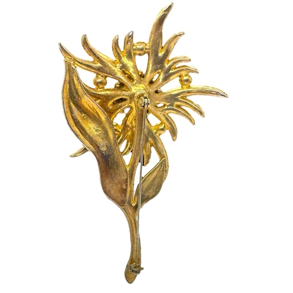 Large Vintage Gold Tone & Blue Rhinestone & Faux Pearl Pot Metal Flower Brooch - Picture 4 of 7